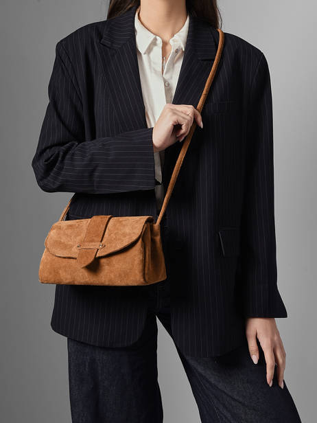 Sac Bandoulière M Agnes Cuir Velours Etrier Marron agnes EAGV205M vue secondaire 1